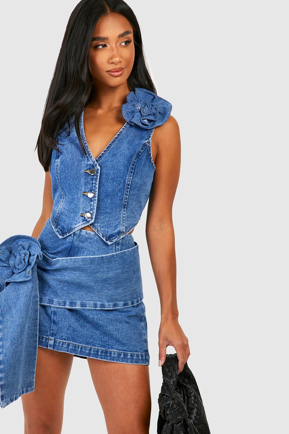 Petite Denim Vest With Rose Corsage boohoo